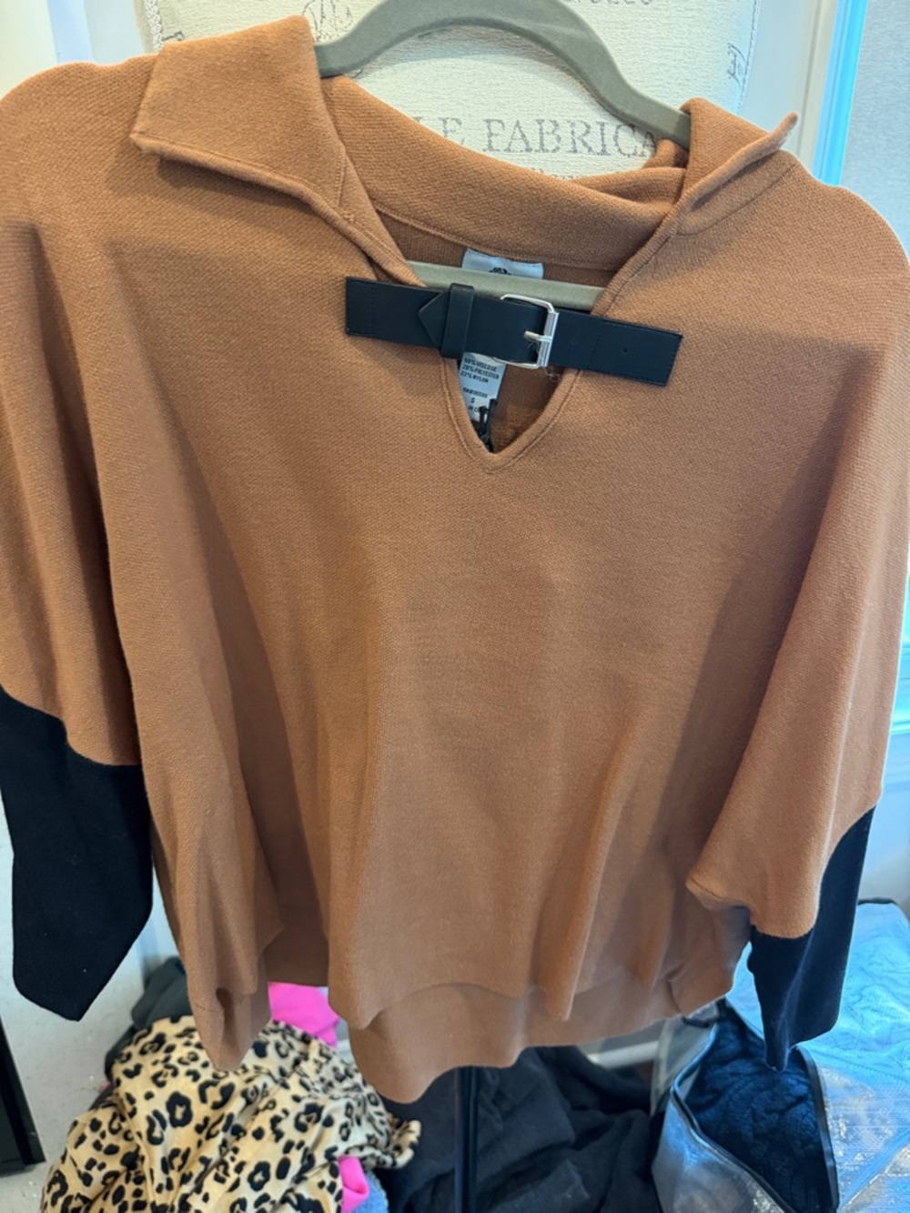 Women's Tan V-Neck Sweater with Black Buckle Accent